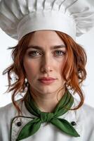 Young culinary artist wearing a chef hat and apron showcases her passion for cooking in a vibrant kitchen atmosphere filled with potential photo
