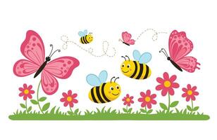 Flower Field Wonderland with Happy Bees and Gentle Floating Butterflies vector