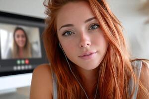 Young woman engaged in a virtual session with a powerful hypnotist, showcasing concentration and curiosity photo
