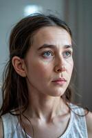 Young girl with dark hair gazes thoughtfully out the window during a quiet afternoon in her home photo