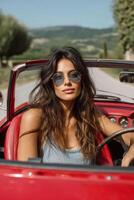 Elegantly driving through serene landscapes in vintage convertible under clear blue skies photo