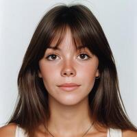 Realistic close-up portrait of 20-year-old brunette woman with soft lighting and a light background photo