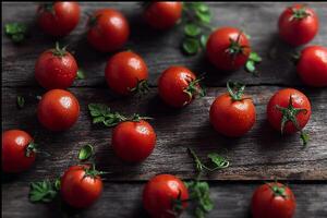 Delicate red tomatoes spread artistically on a rustic wooden table bathed in natural light photo