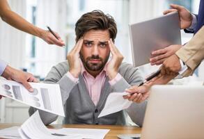 Professional man under pressure manages multiple tasks in cluttered office environment photo