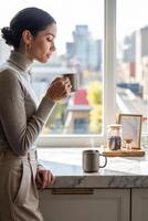 Enjoying a warm cup of coffee while gazing at the city skyline on a serene morning photo