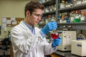 Young researcher conducts an experiment in a vibrant laboratory filled with colorful chemicals photo