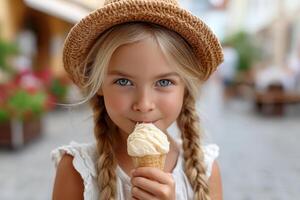 Young girl enjoys a delicious ice cream cone on a sunny day in a charming outdoor setting surrounded by greenery photo