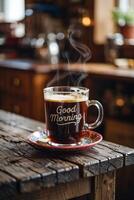 Warmth of a steaming cup of Irish brew on a cozy morning in a rustic kitchen photo