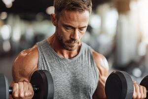 Man demonstrating determination while lifting heavy dumbbells in a modern gym with soft ambient lighting and reflective mirrors photo