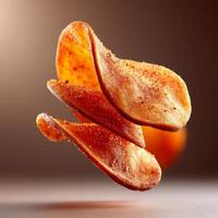 Crisp sweet potato chip showcasing golden elegance and delicate seasoning in an artistic culinary capture photo