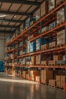 Industrial warehouse interior filled with neatly stacked boxes under warm lighting photo