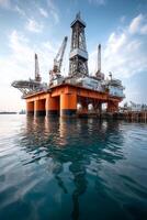 Exploring an oil and gas rig in the afternoon light with reflections on tranquil waters photo
