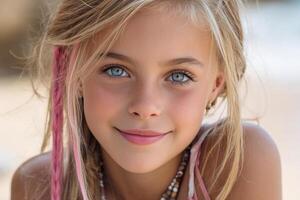 Cute twelve year old girl with blonde hair and pink strand enjoys a sunny day at the beach with a joyful smile photo