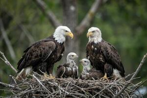 Majestic bald eagles protecting their young in a serene forest nest during early morning light photo