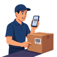 Deliveryman scanning barcode on package with transparent background in a business environment png