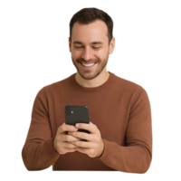 Man holding smartphone and smiling transparent background modern lifestyle close-up view engaging concept png