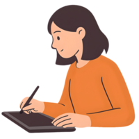 Creative digital drawing of a girl on tablet with transparent background in a modern workspace png