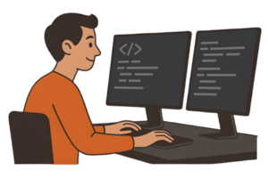 Programming on dual monitors with transparent background for enhanced coding efficiency in a modern workspace png