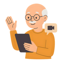 Elderly man calling on tablet with transparent background home setting digital interaction warm environment png