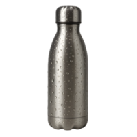Drinking water bottle with stainless steel droplets transparent background indoor setting close-up view refreshing concept png