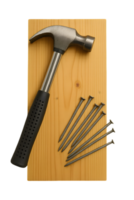 Crafting with hammer and nails transparent background on wooden board diy project close-up view creative workshop png