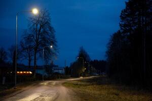 Dimly lit rural road during evening with streetlights, sparse houses on the left, leafless trees on both sides, and a deep blue evening sky. photo