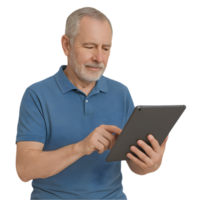 Senior homem usando tábua dispositivo com transparente fundo interior configuração estilo de vida conceito para moderno tecnologia noivado png