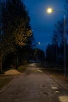 A rural road extends under a deep blue evening sky, lit by warm streetlights. Sparse trees line the sides, with wet patches reflecting the light. photo