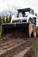 A skid steer loader with orange wheels moves soil in an outdoor area. Tall conical trees and bare branches are visible in the distance. photo