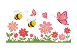 Adorable Bee and Butterfly Animation in a Lush Garden Setting vector