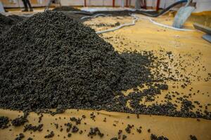 Dark granular material spread on a yellow surface in an indoor industrial facility, with visible pipes, hoses, and equipment in the background. photo
