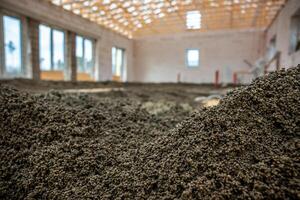 Construction site showing an exposed wooden roof framework, unfinished walls with large window openings, and granular material spread on the floor. photo