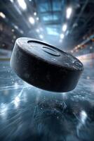 Hockey puck soaring through a frozen arena, capturing vintage USSR vibes with dramatic motion effects and icy reflections photo
