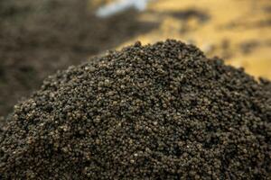 A detailed view of small, dark granules in a large pile, contrasting with a blurred golden brown surface in the distance, emphasizing texture and tone. photo