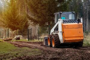 An orange and white skid steer loader parked on a dirt path with visible tire tracks, bordered by a metal fence and surrounded by tall evergreen trees. photo