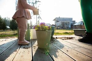 A child in pink stands on a wooden deck holding a gardening tool near a green pot with purple flowers. A modern house and open field are in the background. photo