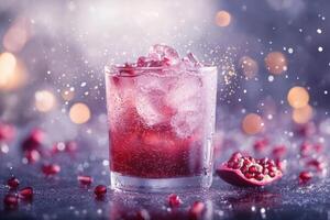 A glass of pink drink with ice cubes and a piece of fruit on the table photo