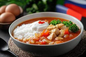 A bowl of food with rice, chicken, and vegetables photo