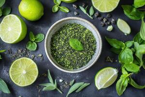 A bowl of green herbs and spices with a lime in the middle photo