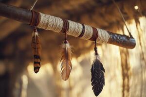 A wooden branch with feathers hanging from it photo
