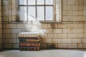 A stack of books is sitting on top of a bathtub photo