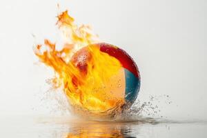 A red and blue ball is on fire in a pool of water photo