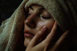 A woman is sleeping with her hands on her face photo