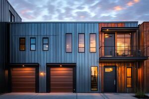 A large, modern house with a black front door and two brown garage doors photo