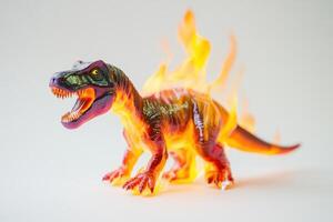 A toy dinosaur is on fire, with its mouth open and its tongue sticking out photo