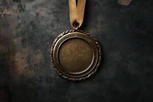 A gold colored medal with a ribbon hanging from it photo