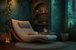 A cozy living room with a white recliner, a book, and a cup of coffee photo