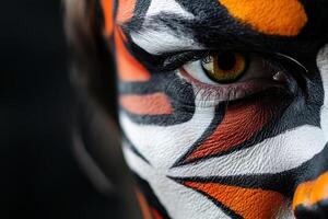 A person with orange and white face paint has a green eye photo