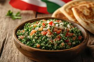 A bowl of salad with a flag in the background photo