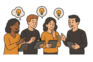 Startup team brainstorming with tablets transparent background creative environment collaborative viewpoint png